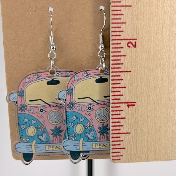 Groovy Peace Bus Dangle Earrings 2D Acrylic Cartoon - Picture 2 of 3